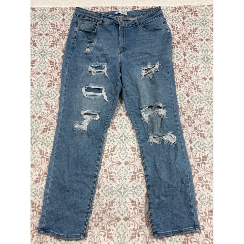 Wax Jean Collection Distressed Straight Leg Jeans Medium Wash Blue Denim Size 14
